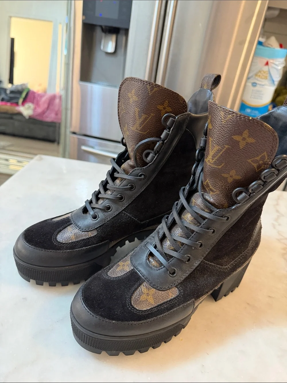 Black Suede Combat Boots with Brown Monogram Accents size 36 1/2